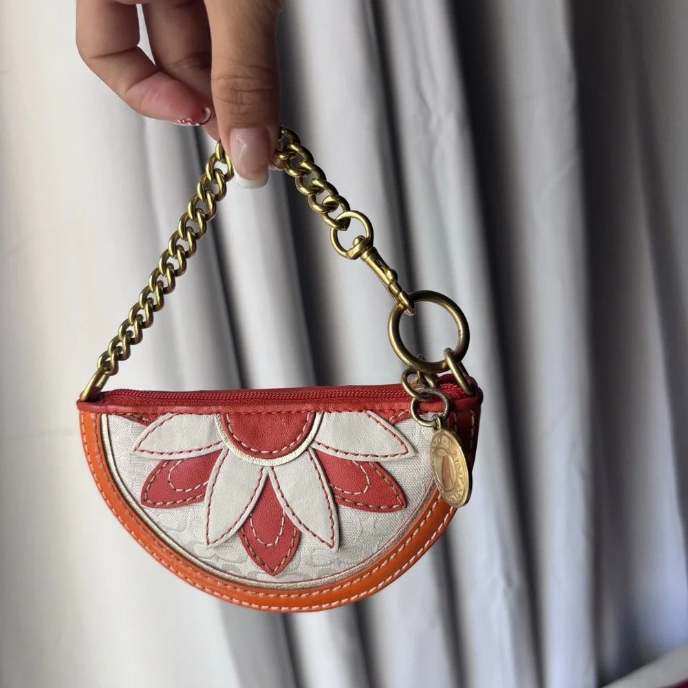 Vtg COACH Orange Flower Fruit Slice Leather Coin Purse Keychain Y2K - Picture 1 of 5